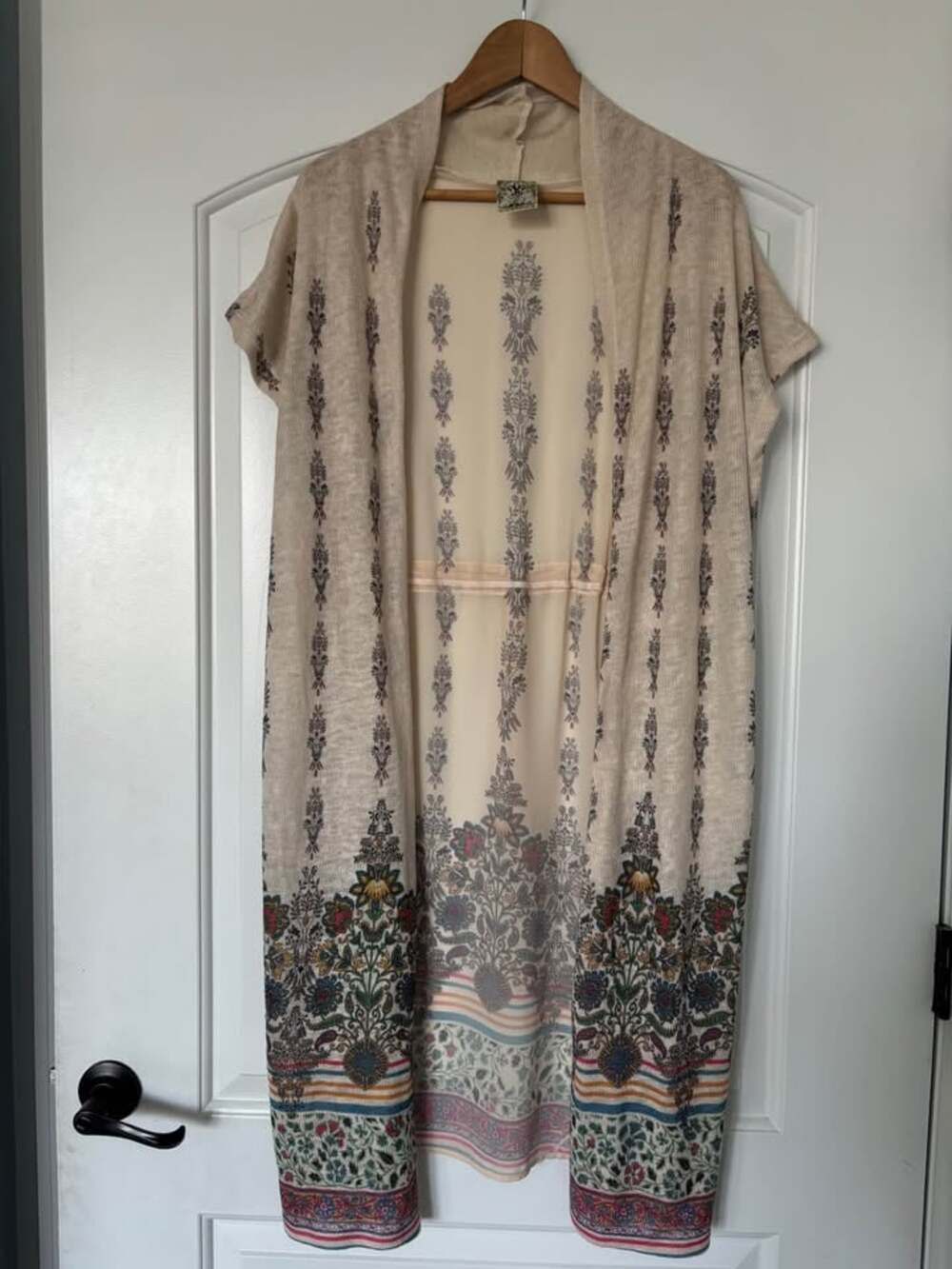 Vocal Apparel Boho Floral Paisley Duster Kimono Vest Open Front Cream USA Large